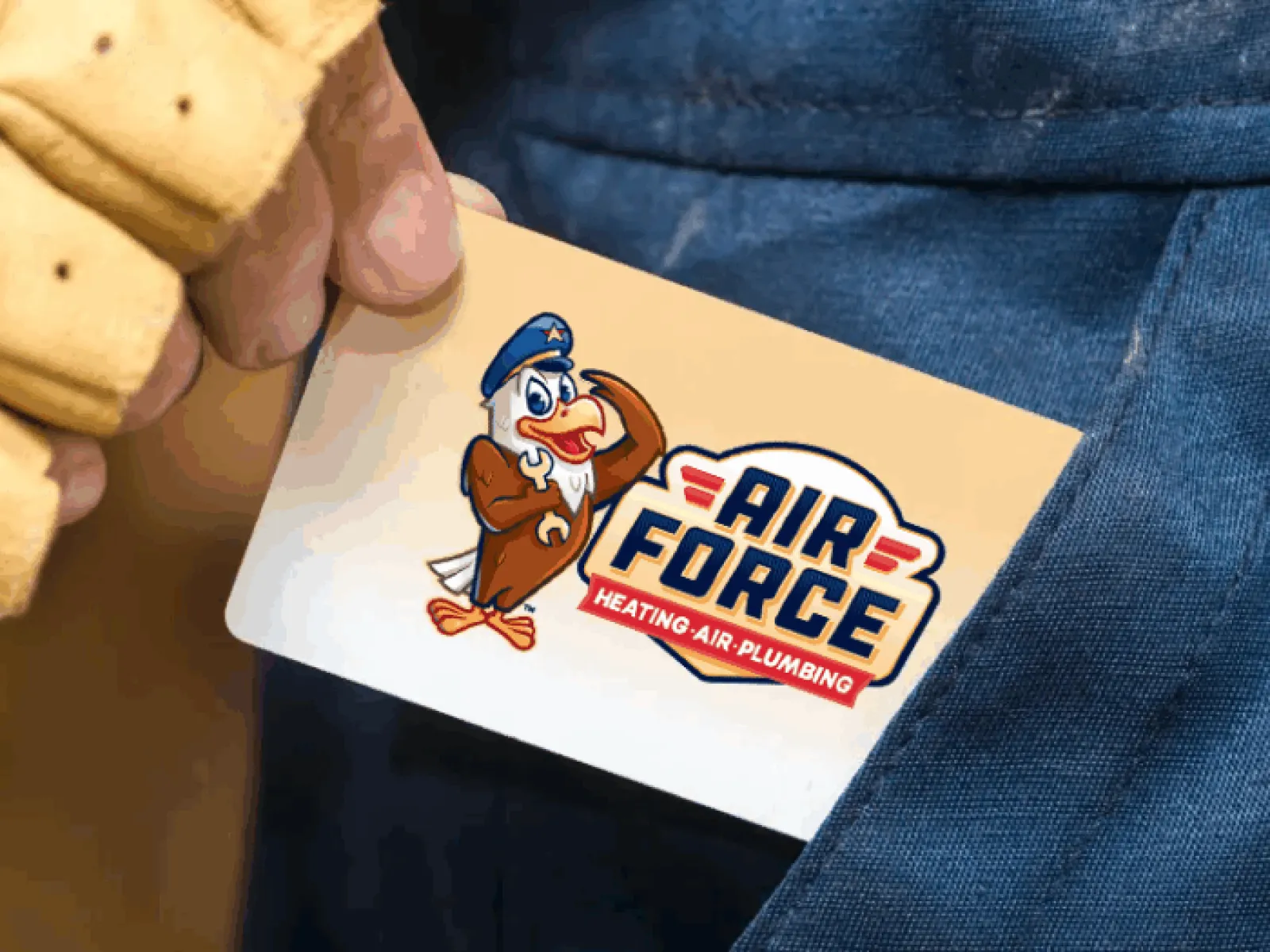 Hand in yellow glove holding Air Force Heating Air Plumbing business card against blue fabric background