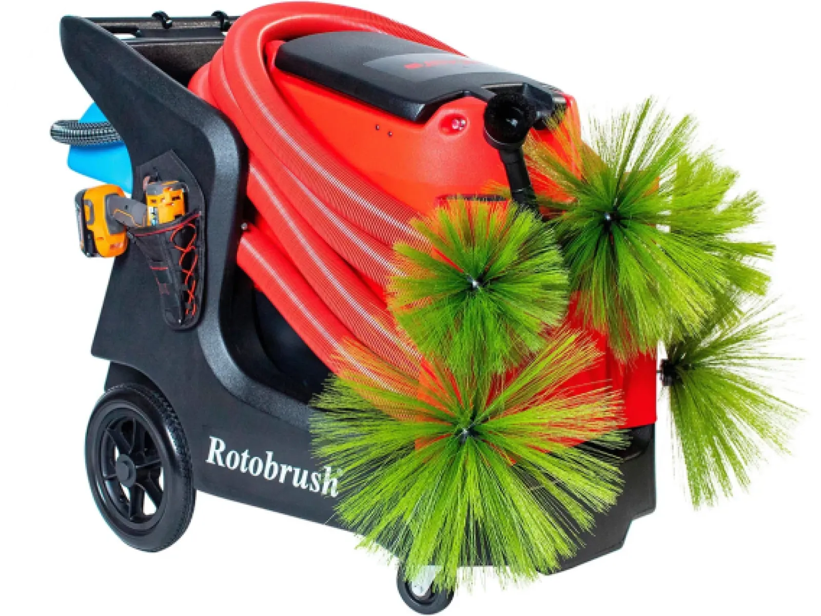 Rotobrush chimney cleaning machine with red hose and green rotating brush heads on black wheeled base.