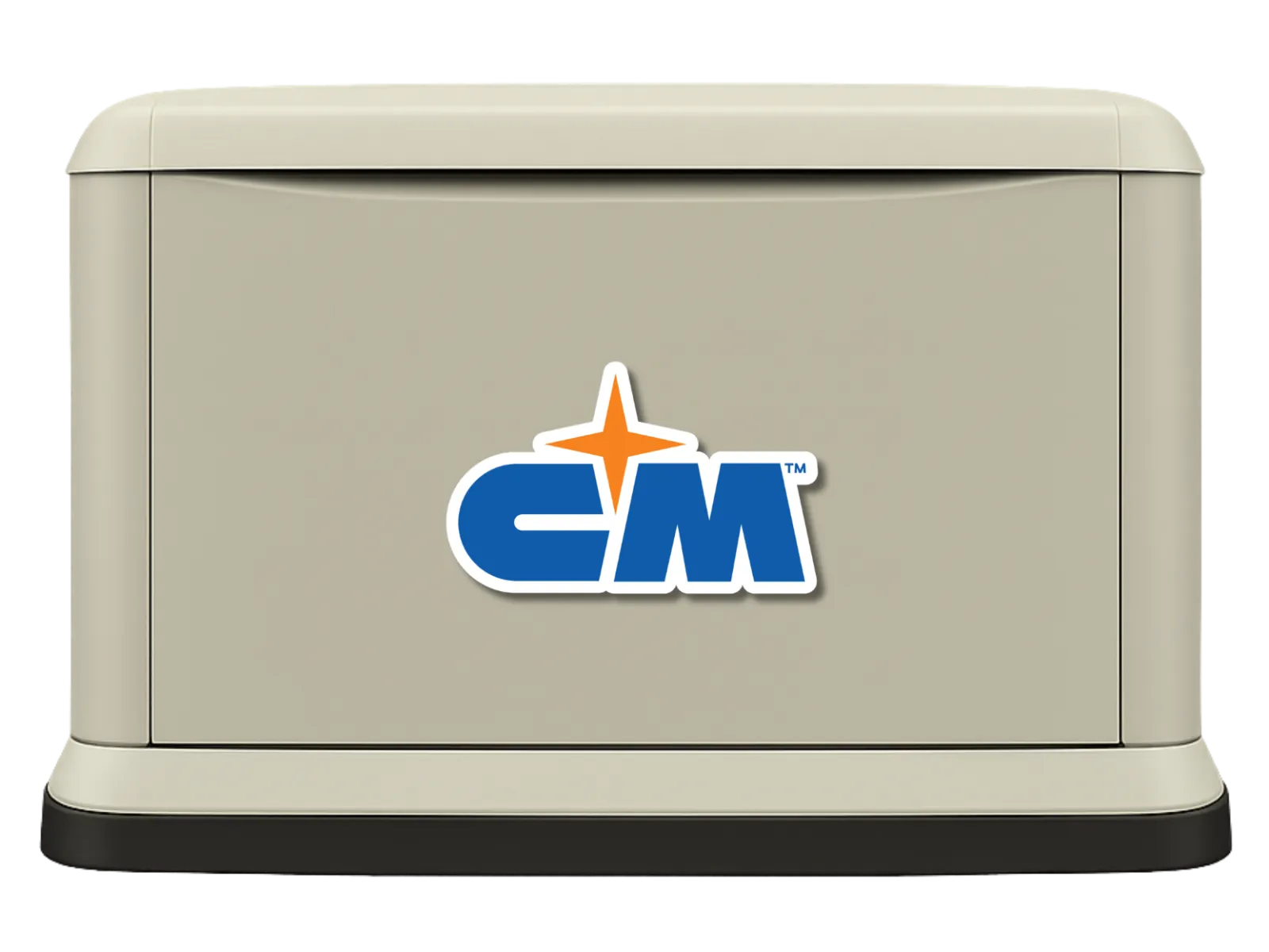 Compact beige home standby generator with blue and orange CM logo on front panel and black base.