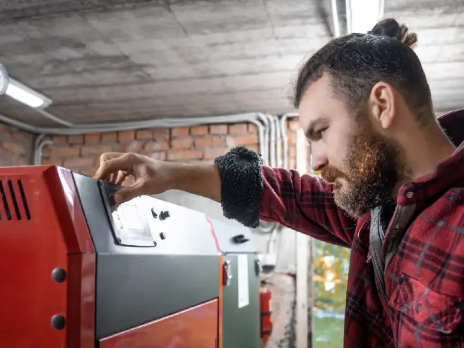 Man adjusting controls on a large red industrial machine in a workshop with brick walls and pipes.