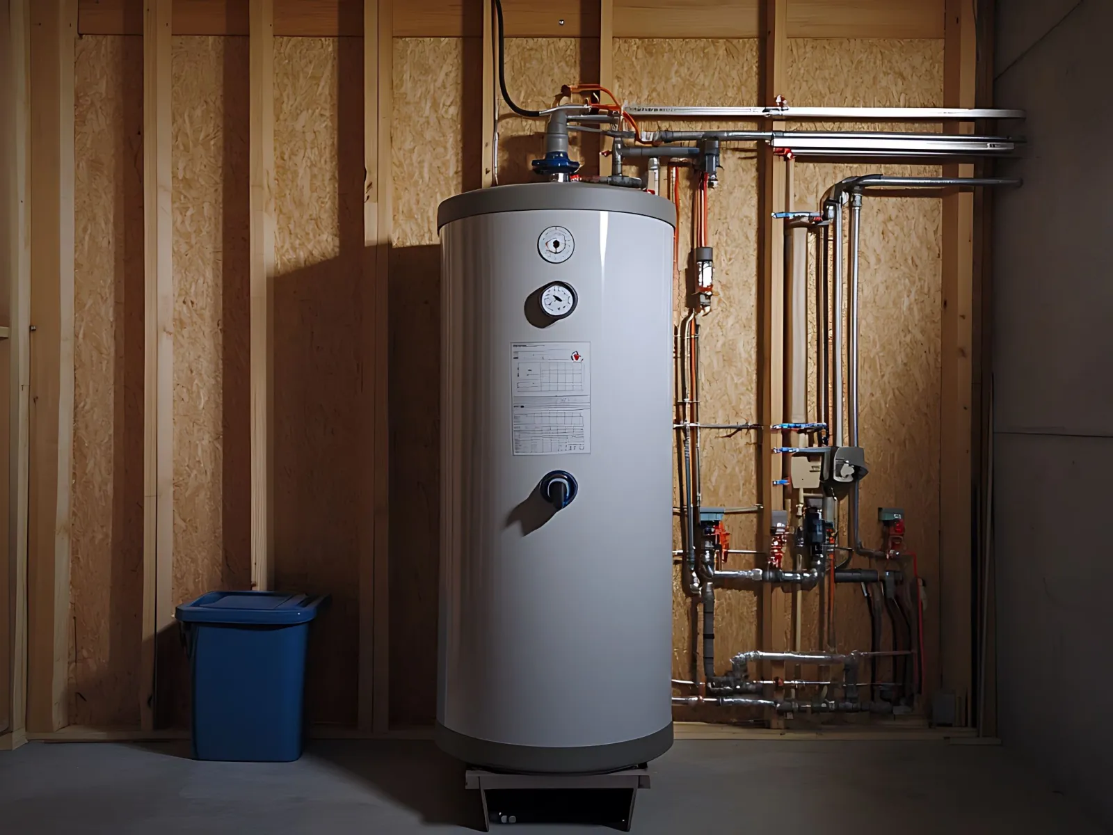 Electric water heater tank installed in unfinished wooden frame basement with connected plumbing pipes.