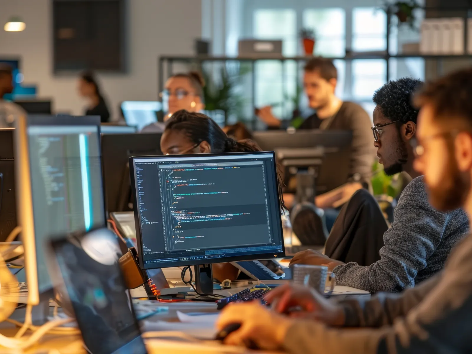 a group of people sitting at computers