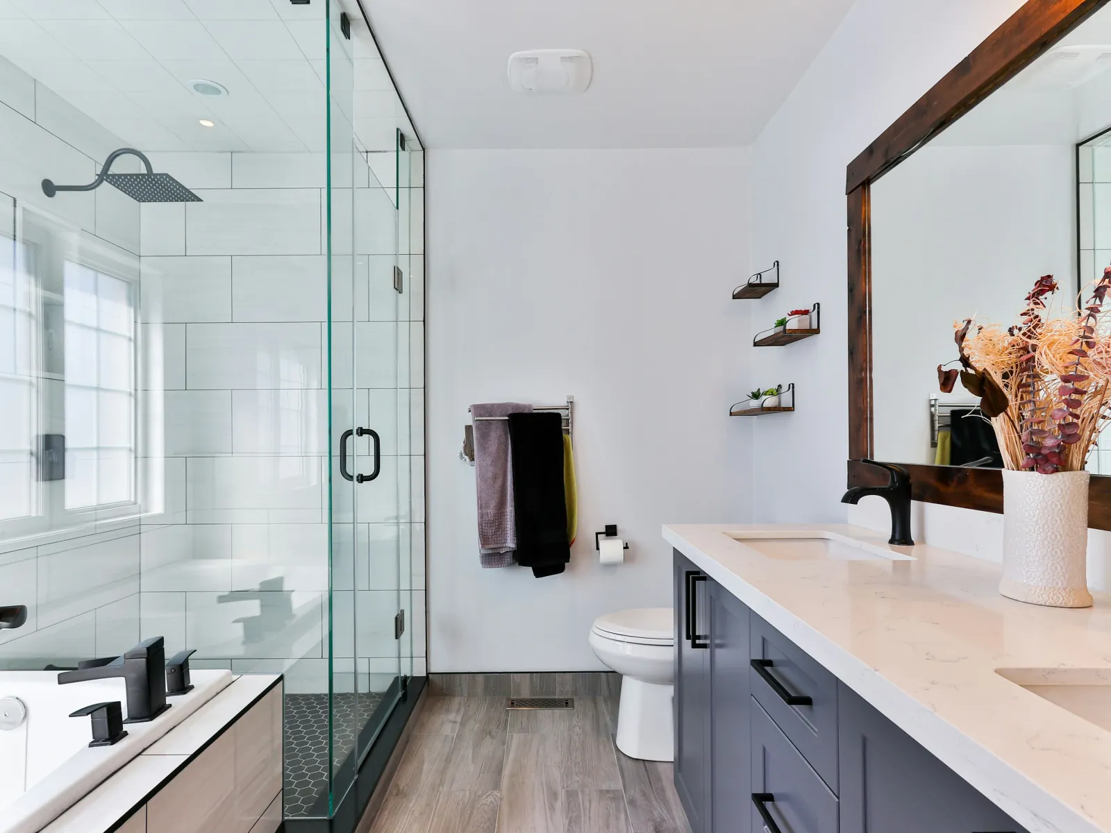 a bathroom with a glass shower