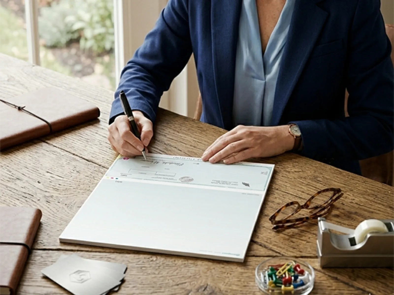 Professional woman in blue blazer signing a check at a wooden desk in a bright office space.