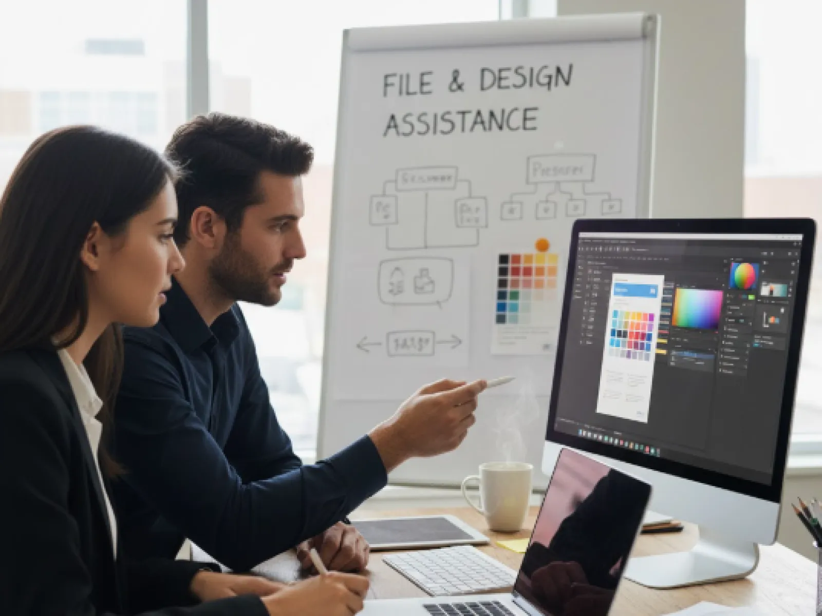 Two professionals collaborating on graphic design with color palettes on computer screens and a whiteboard