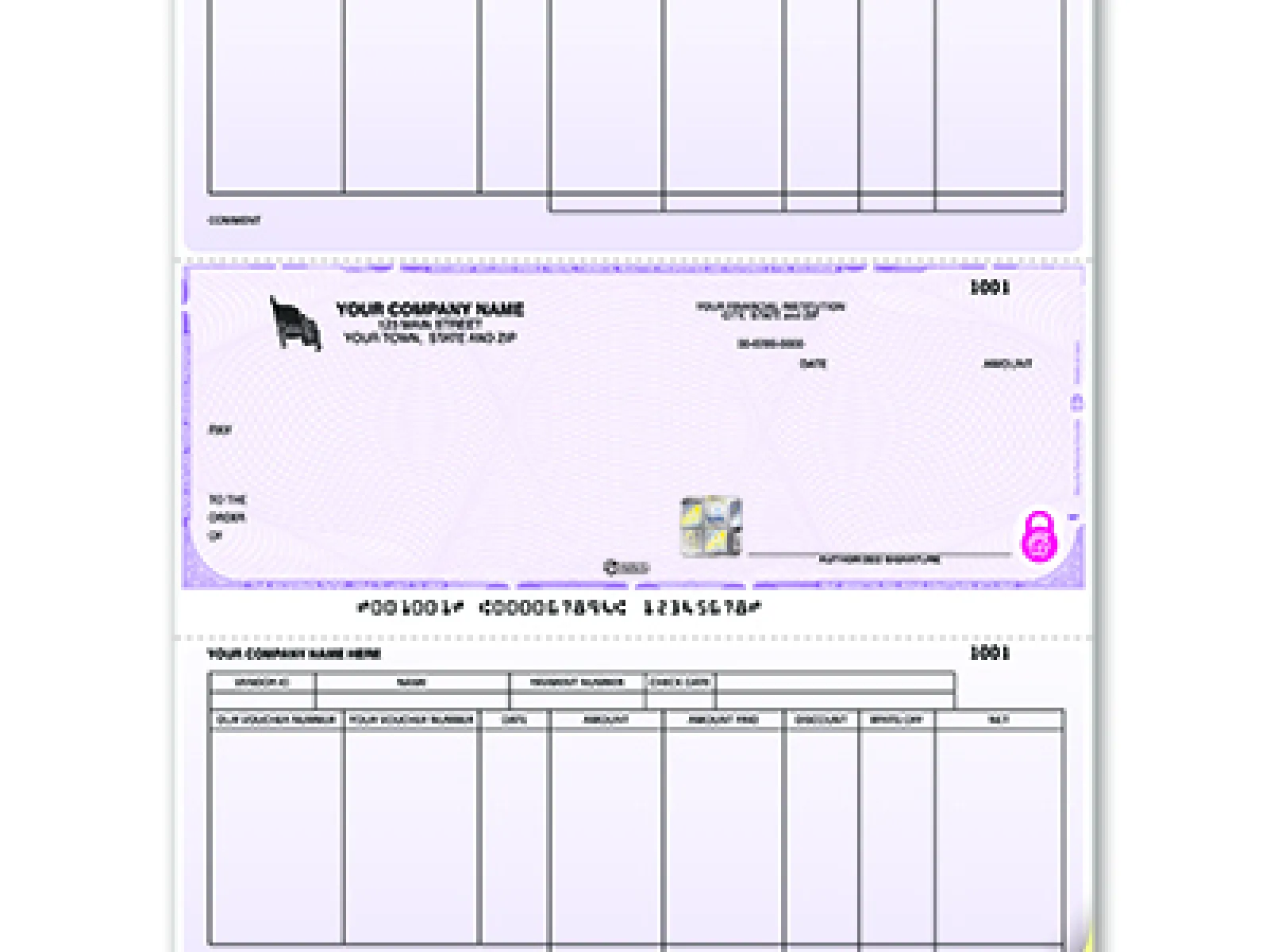 Blank check template featuring sections for company details, dates, and amounts for financial transactions.