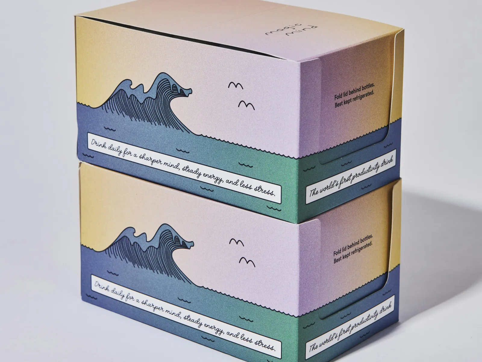 Two pastel-colored product boxes stacked, featuring waves and birds illustration with motivational text.