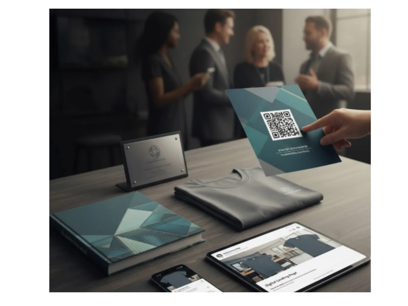 Business branding materials on a table including brochure, T-shirt, tablet, and smartphone with people networking in the background