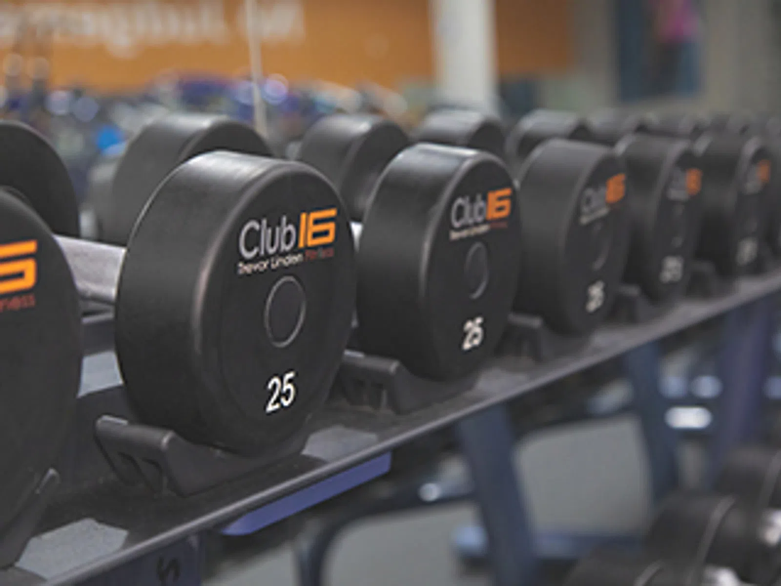 Row of black Club 16 branded dumbbells on a rack with gym equipment blurred in background