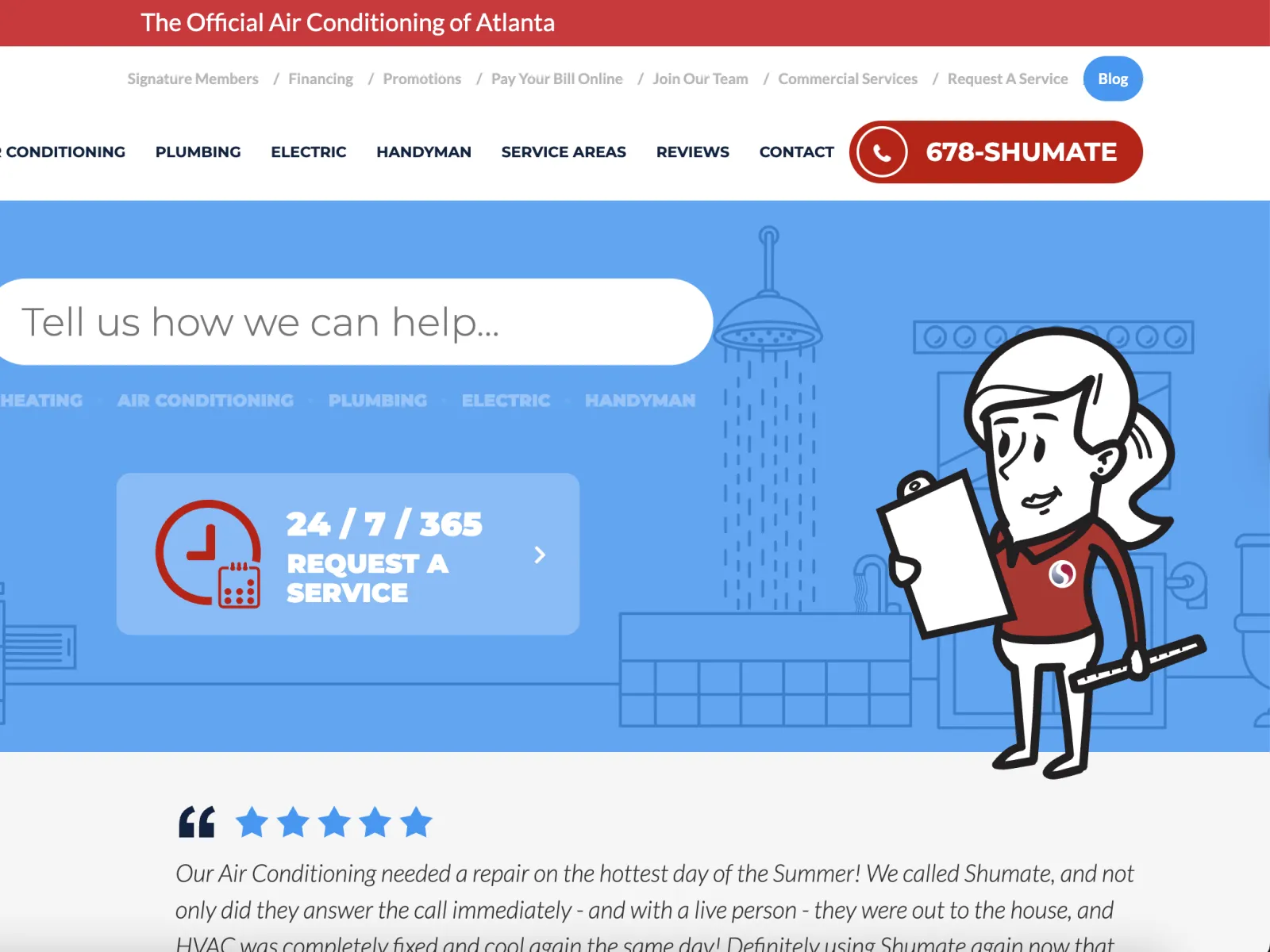 Shumate HVAC service homepage featuring handyman illustration, service request button, and home comfort icons.