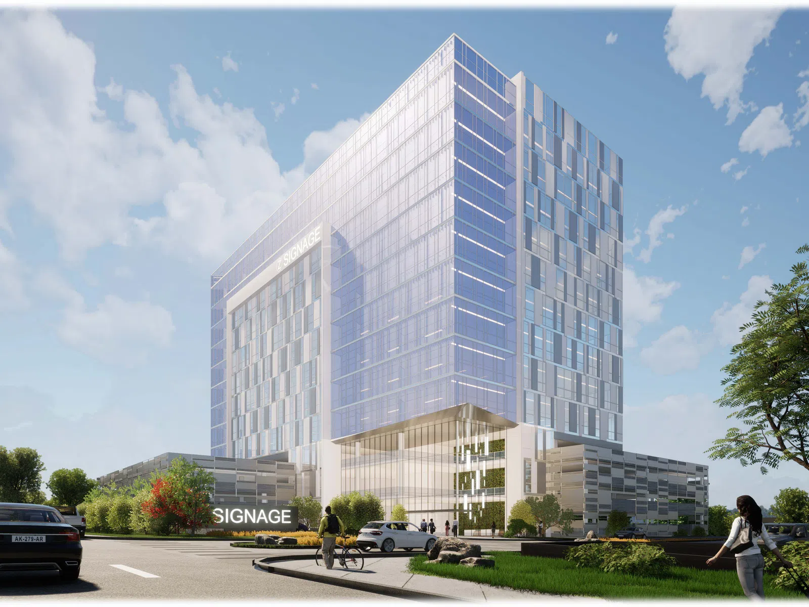 Modern glass office building with cars, people walking, and trees under a partly cloudy sky.