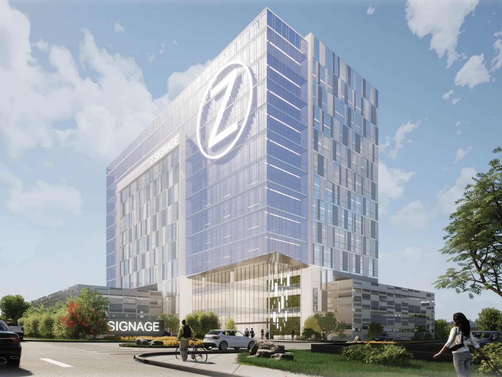 a large building with a sign on it