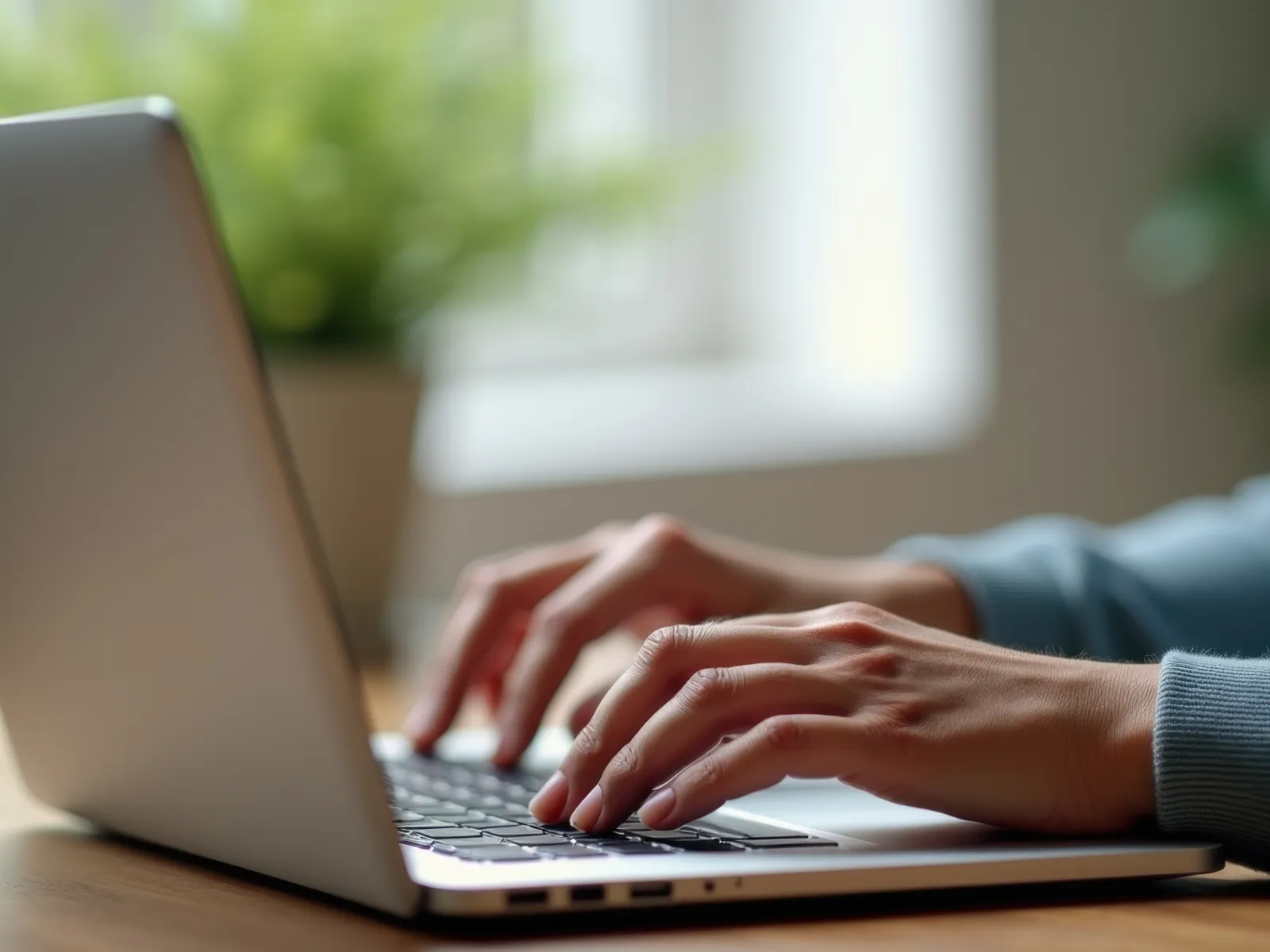 Close-up of hands typing on a laptop keyboard by a window with blurred green plants in the background.