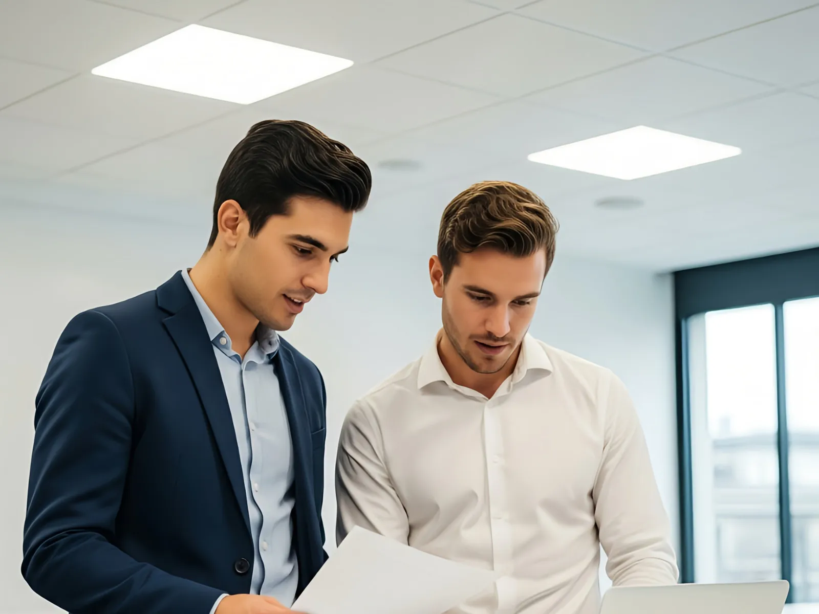 Two professional men collaborating over documents and laptop in a modern bright office setting