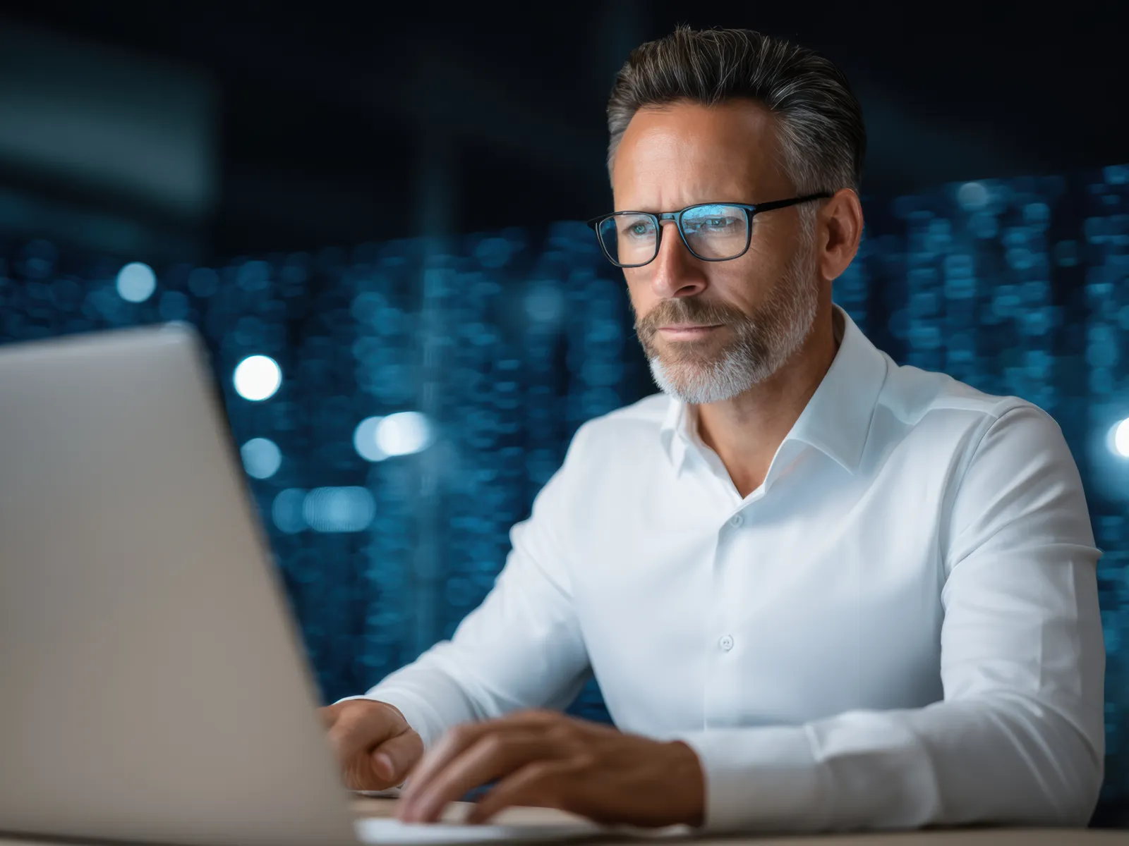 Man in glasses working on a laptop at night with city lights blurred in the background