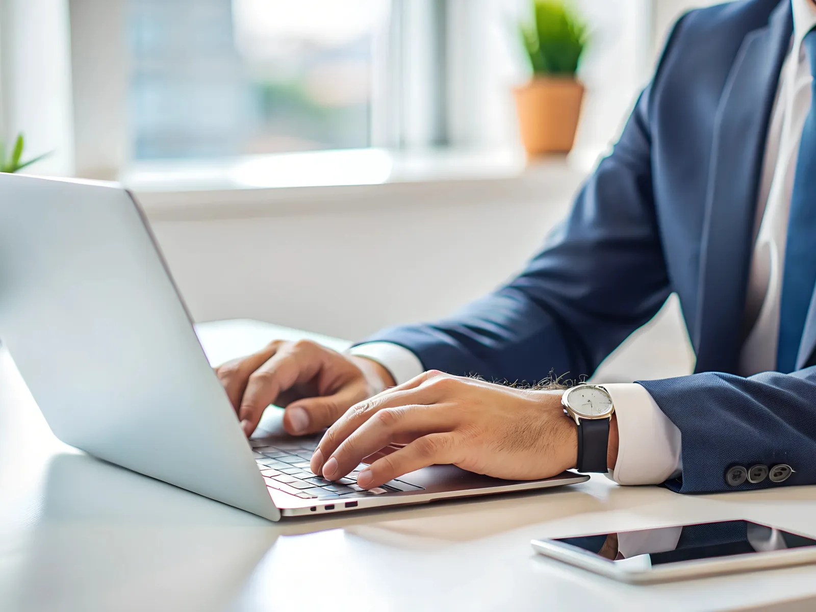 Person pointing at laptop screen with another person in background discussing work in bright office
