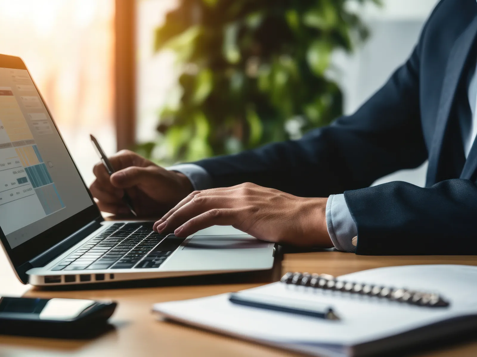 Person in business attire working on laptop with financial charts next to notebook and smartphone on desk