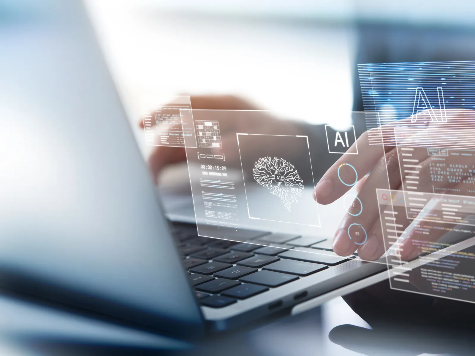 Person using laptop with AI and brain holographic interface overlay in futuristic technology concept.