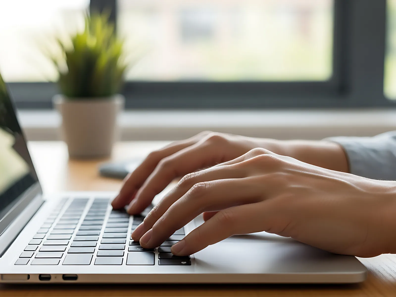 Close-up of hands typing on a laptop keyboard with blurred background and plants on the desk.