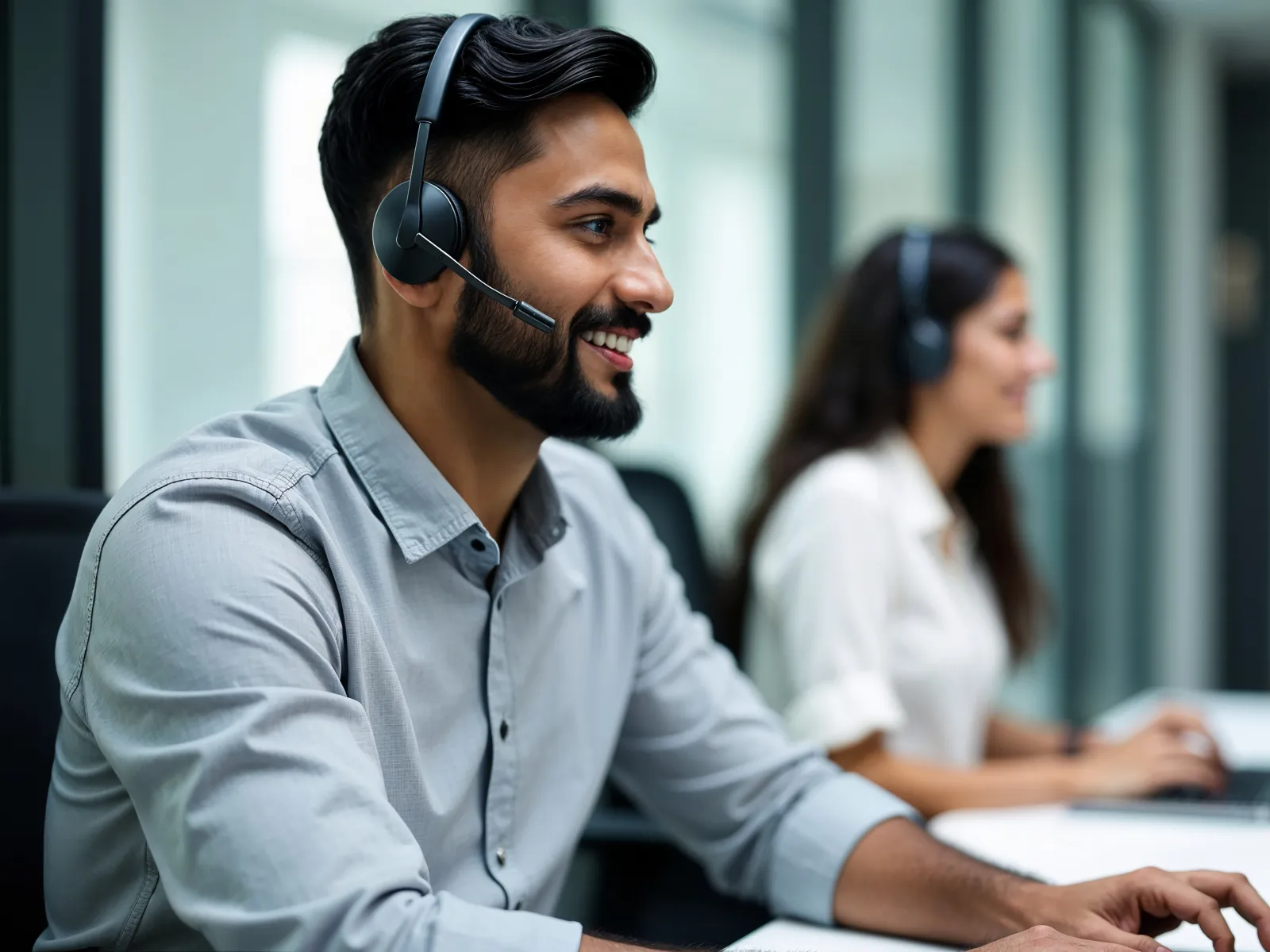 Smiling call center agents wearing headsets working on laptops in a modern office environment.