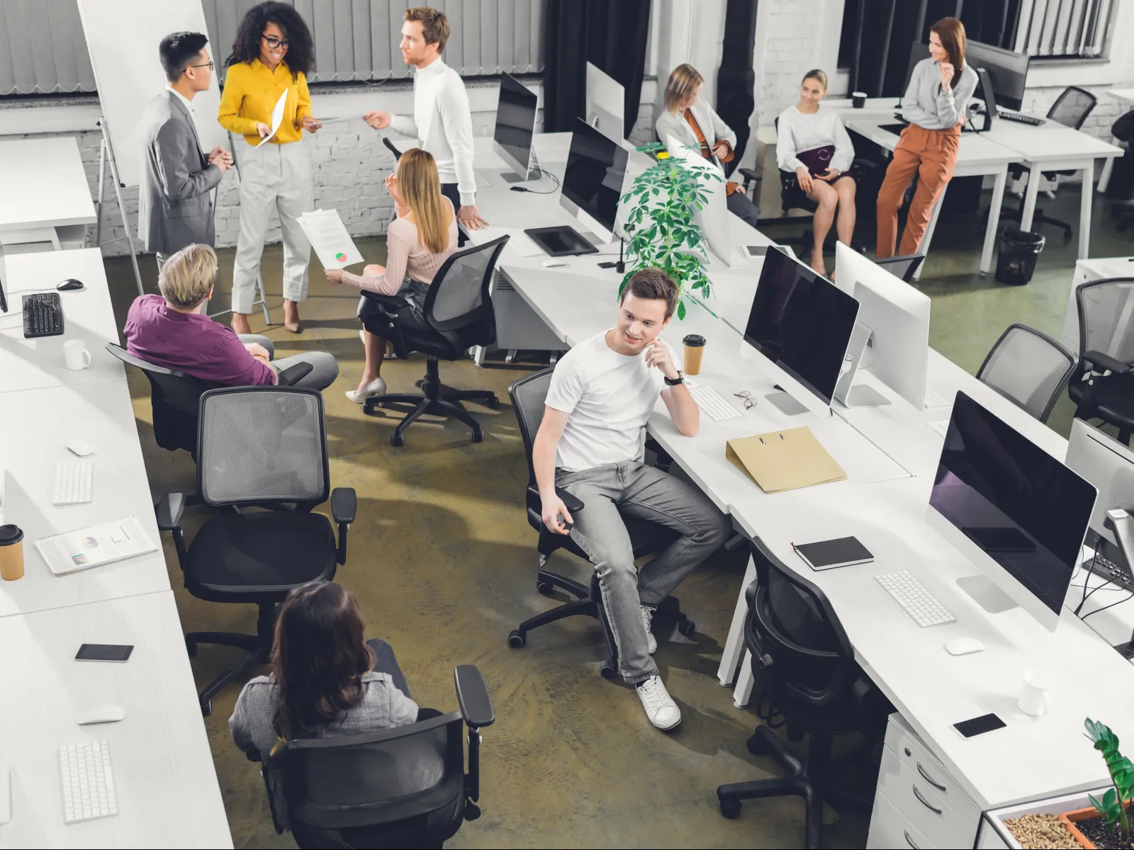 Modern office with diverse team collaborating and working at desks with computers in open workspace