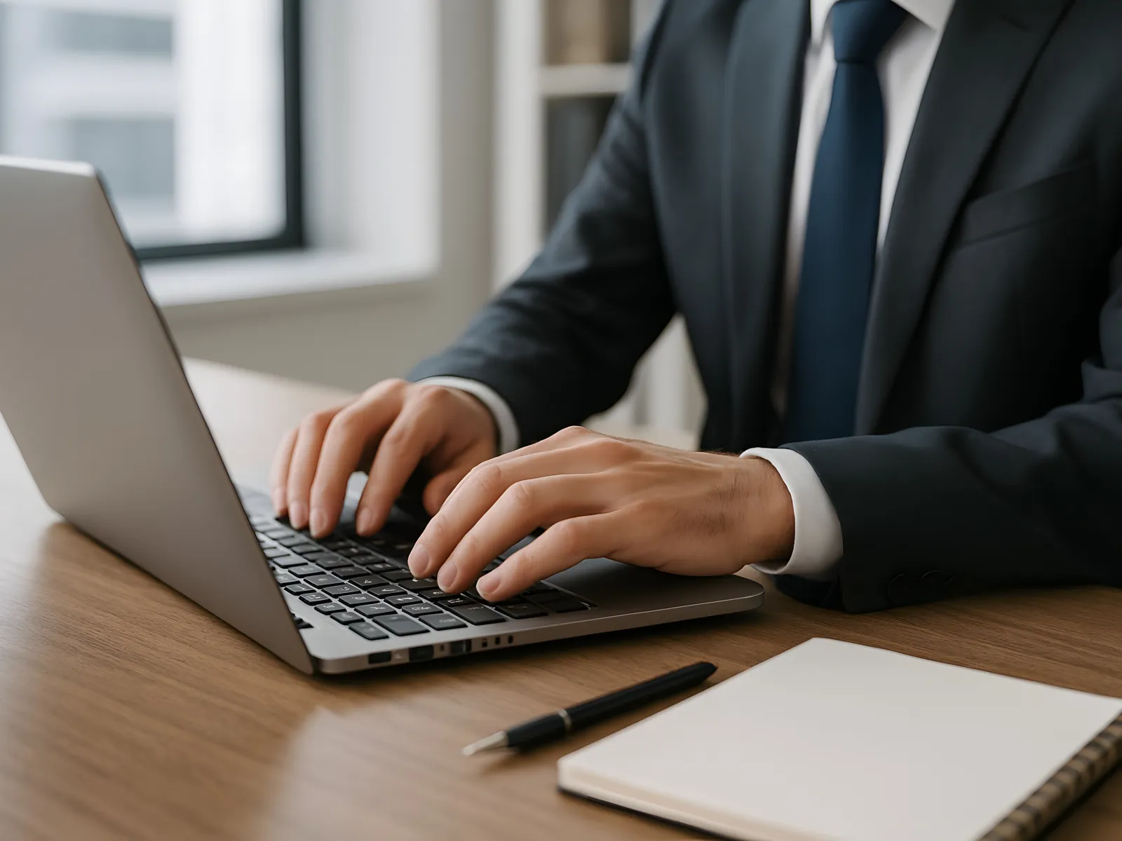 Businessman in suit typing on laptop at desk with notebook and pen in office environment