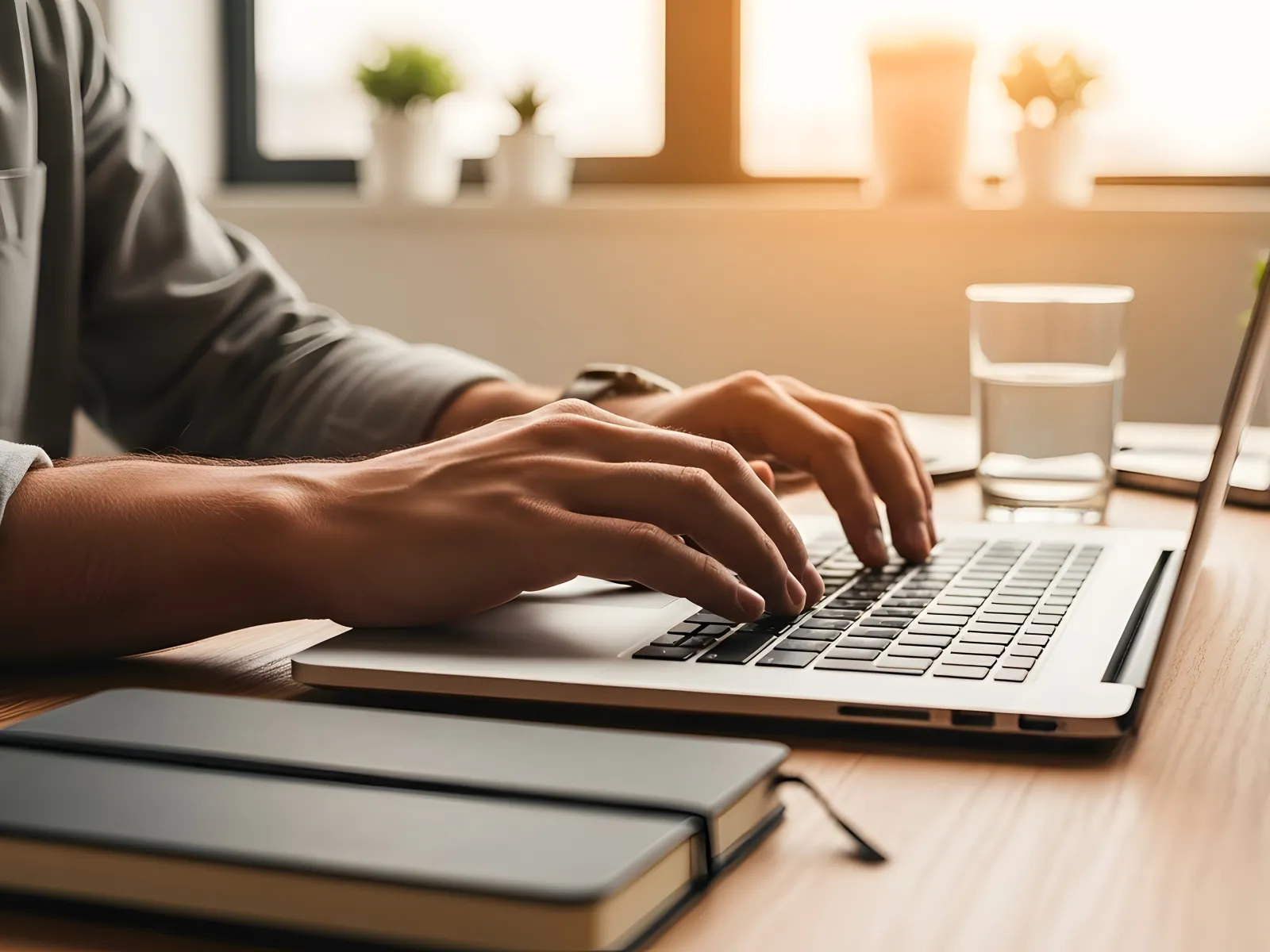 Person typing on laptop at wooden desk with notebook, glass of water, and plants in soft sunlight.