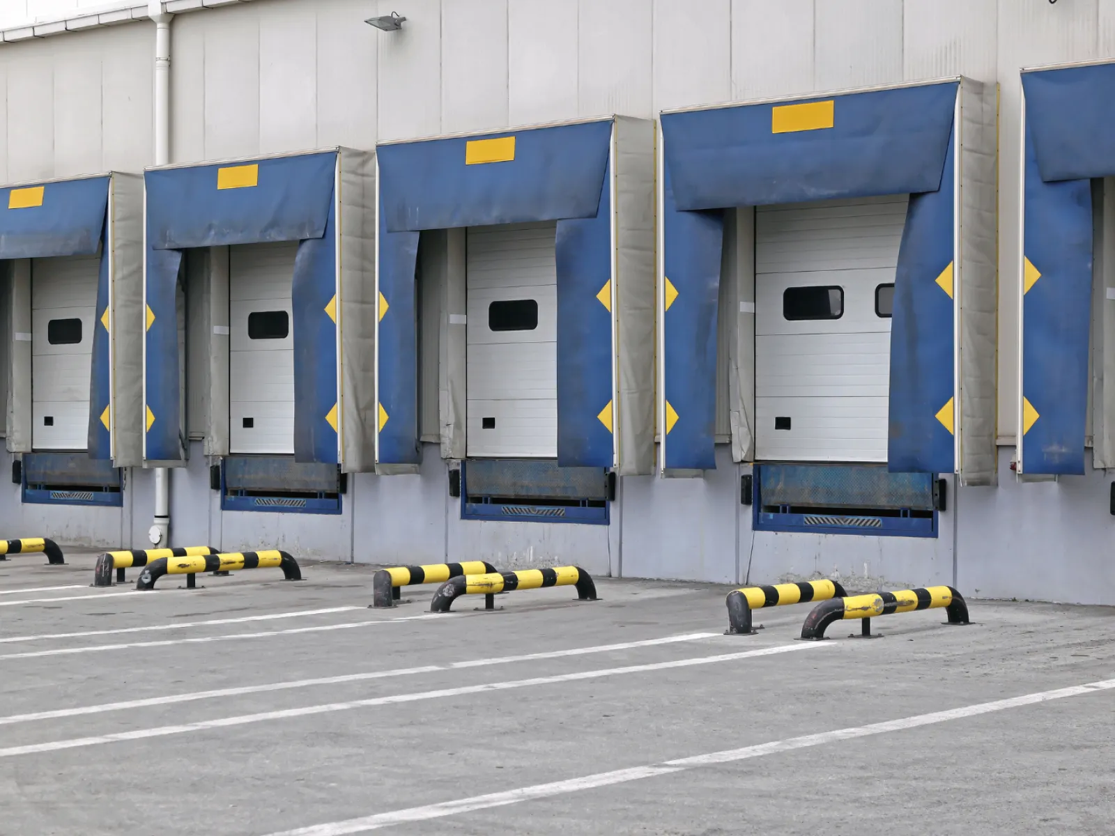 Row of loading dock doors with blue and yellow protective seals at a warehouse or distribution center.