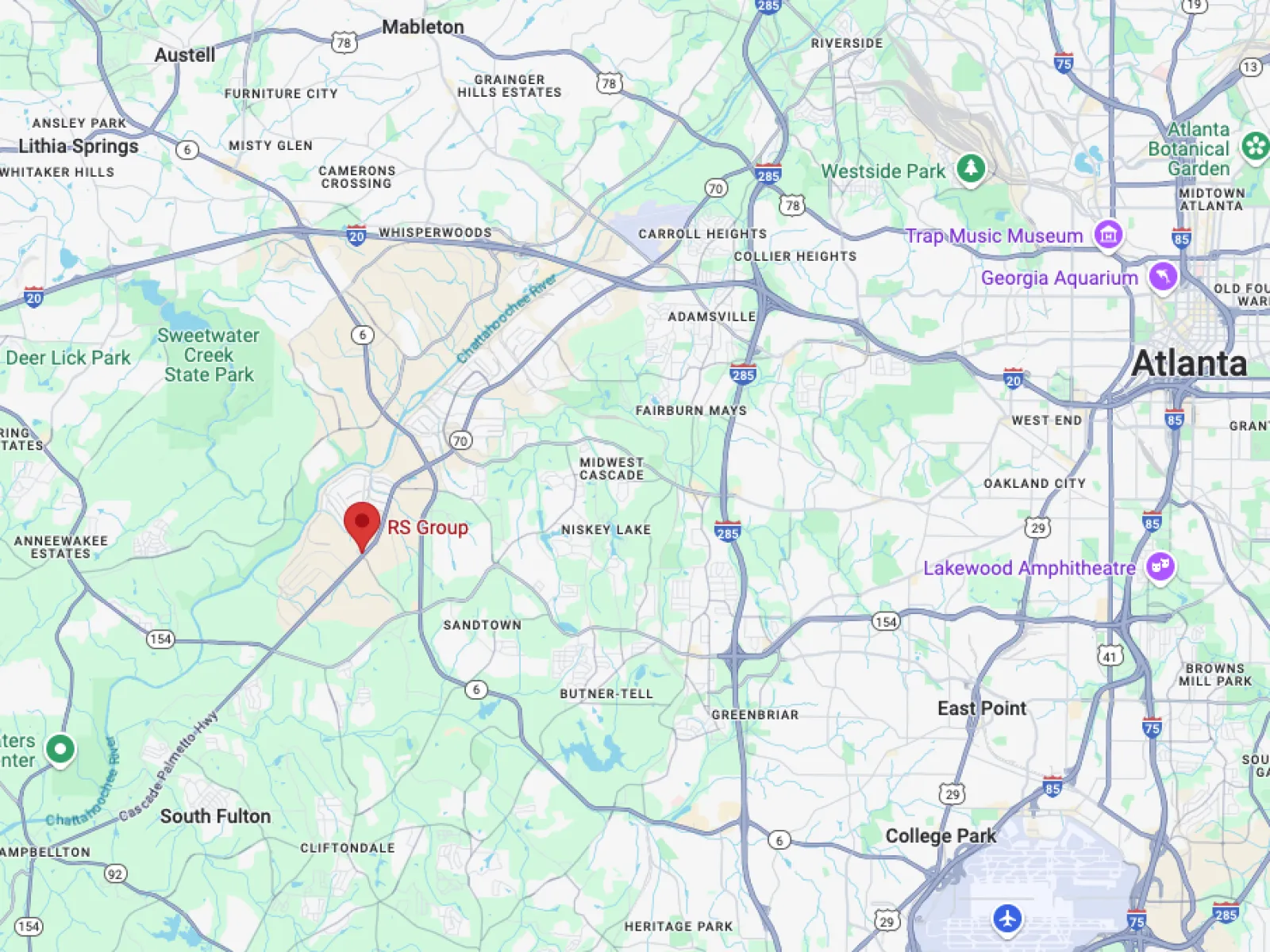 Map showing RS Group location near Atlanta with surrounding neighborhoods and highways