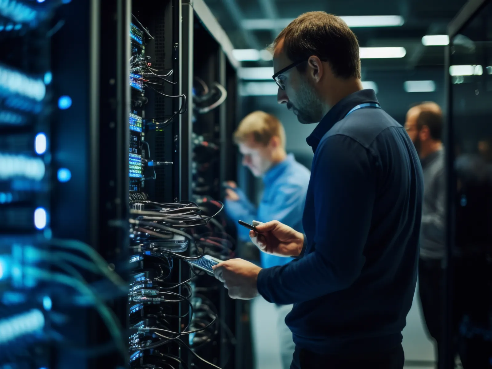 a few men looking at a computer screen