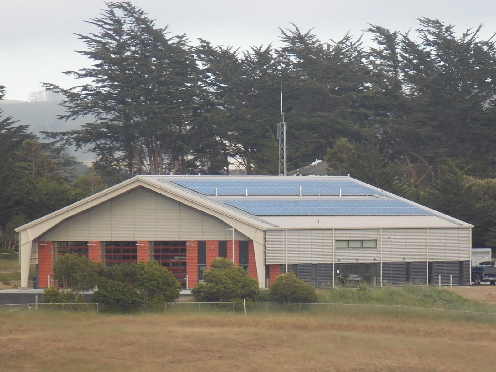 a building with a blue roof