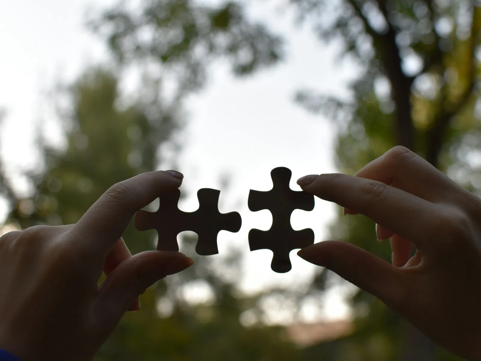 Two hands holding and connecting matching dark puzzle pieces outdoors against a blurred natural background.