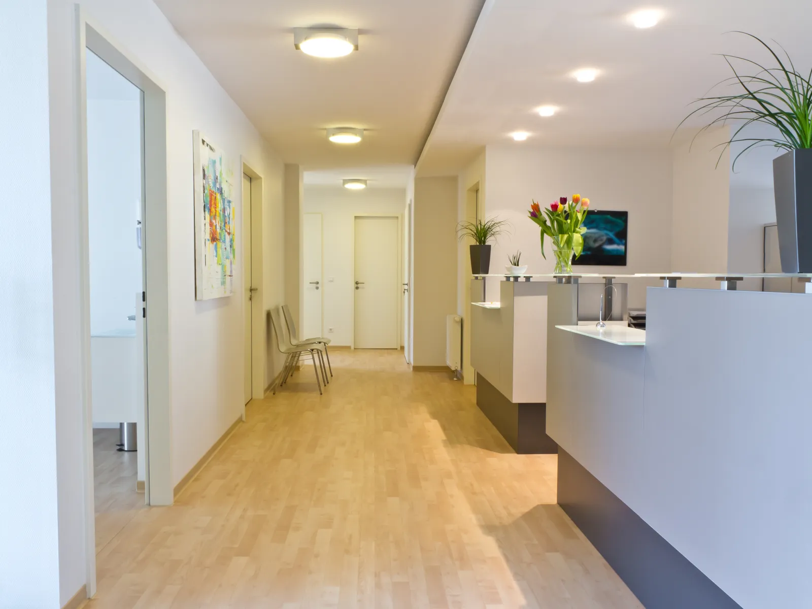 Waiting area in a reception office with chairs, a reception window, and Christmas decorations on the wall.
