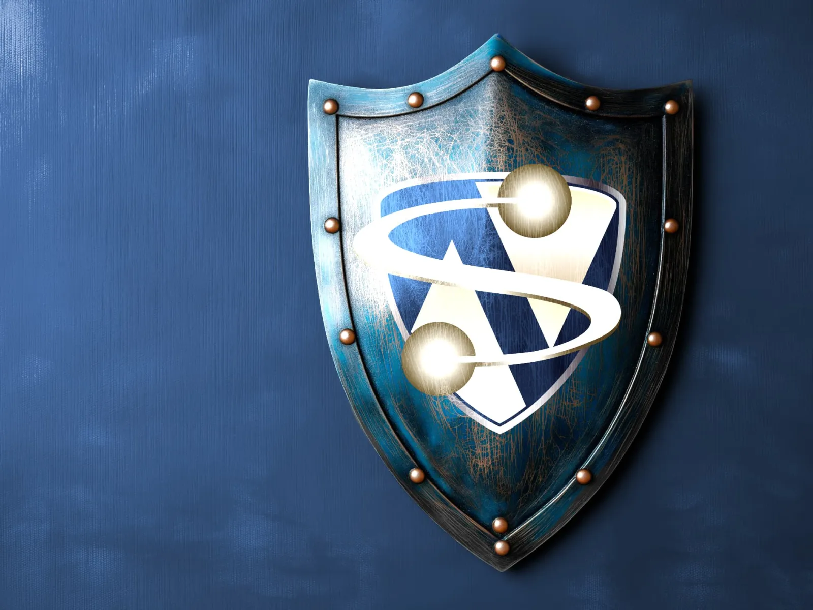 Blue metallic shield with glowing scientific atomic symbol on textured wall background