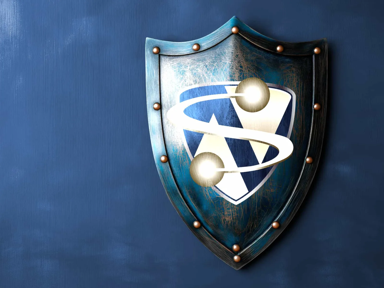 Blue metallic shield with glowing scientific atomic symbol on textured wall background