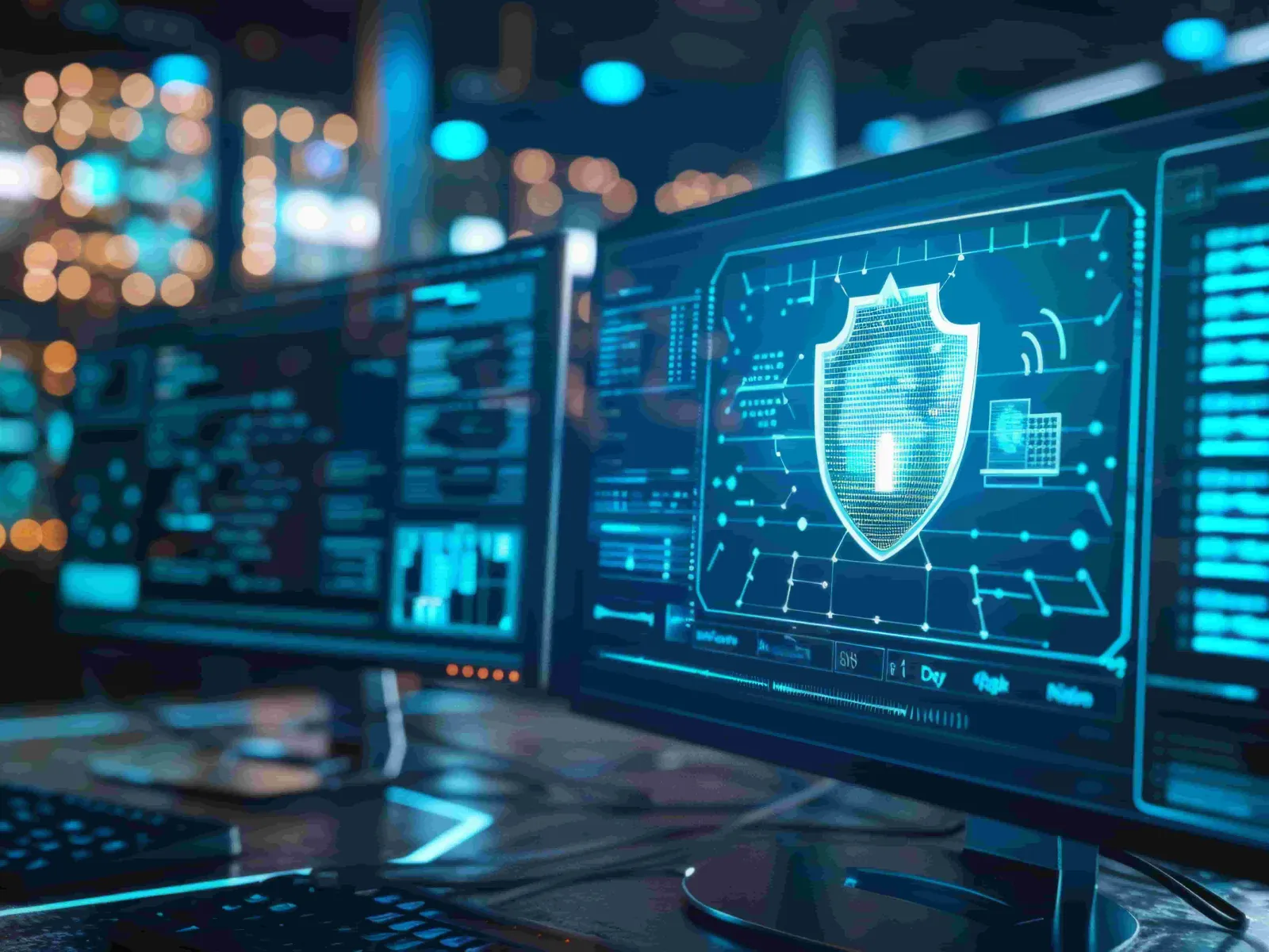 Multiple computer screens displaying cybersecurity shield and code in a dark room with blurred background lights.