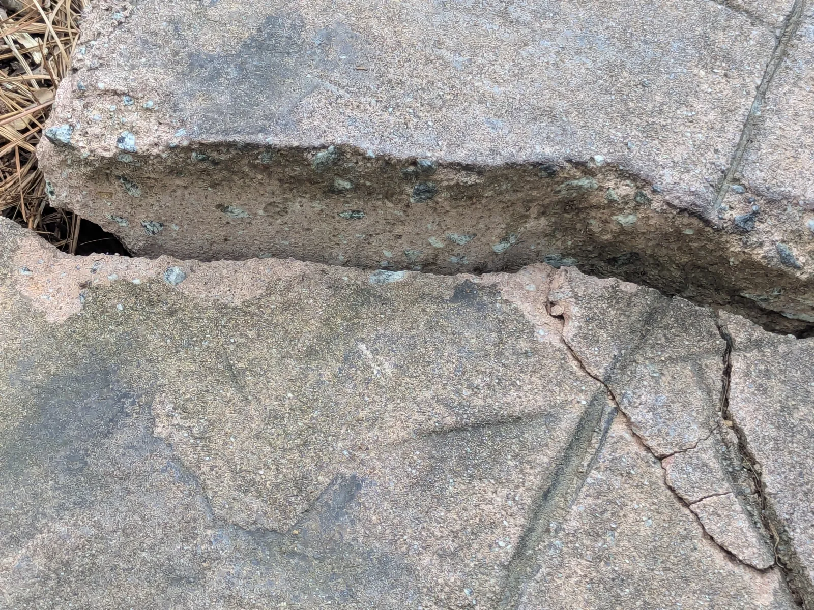 Close-up of broken concrete pavement with large cracks and rough texture outdoors near dry grass.
