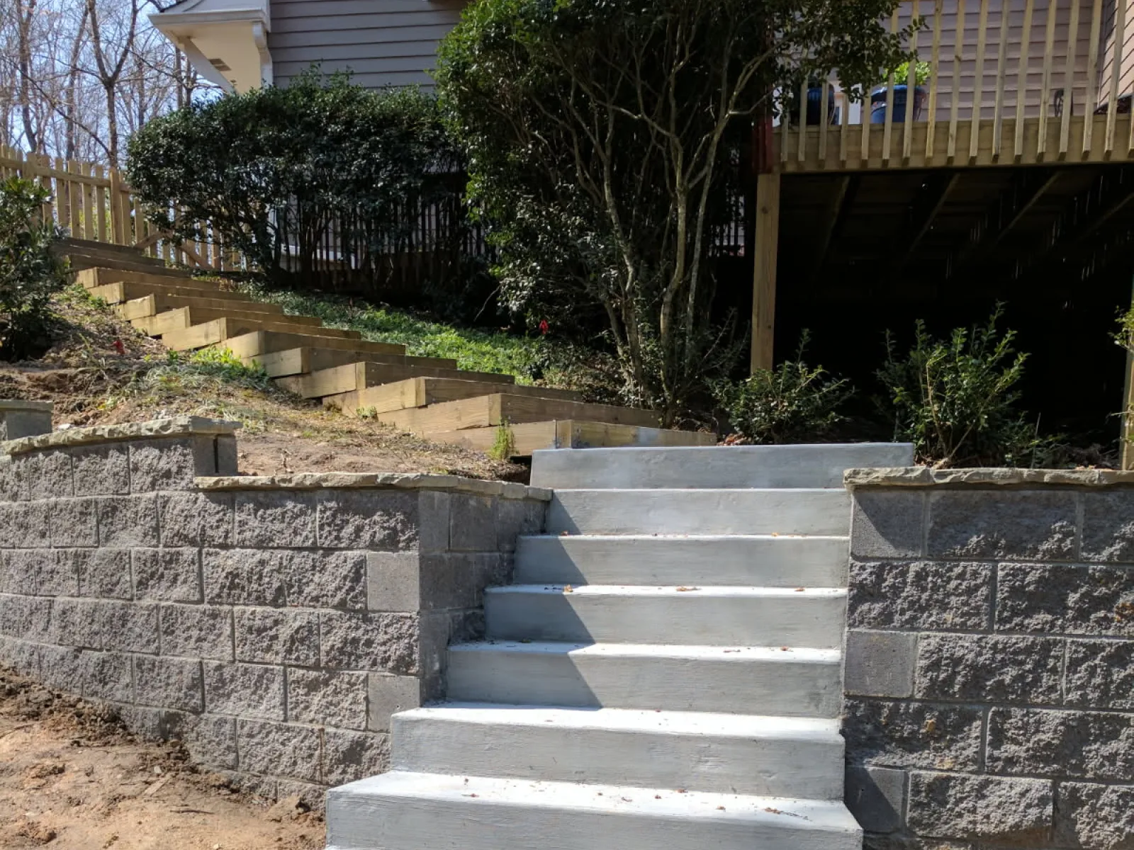 Concrete stairs leading up to a backyard with retaining walls and landscaped plants.