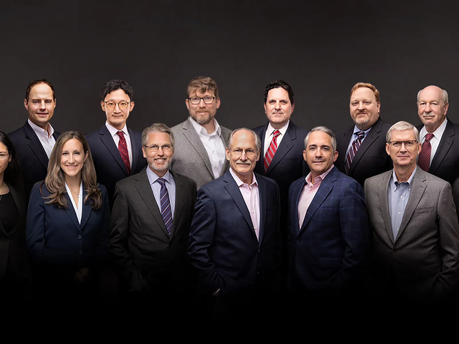 Group of fourteen professionally dressed business people standing together against a black background.