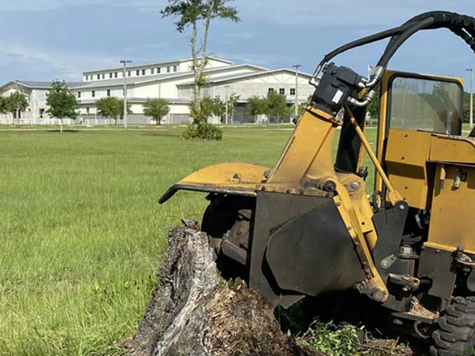 Yellow stump grinding machine removing tree stump in a grassy field near buildings under a clear sky.