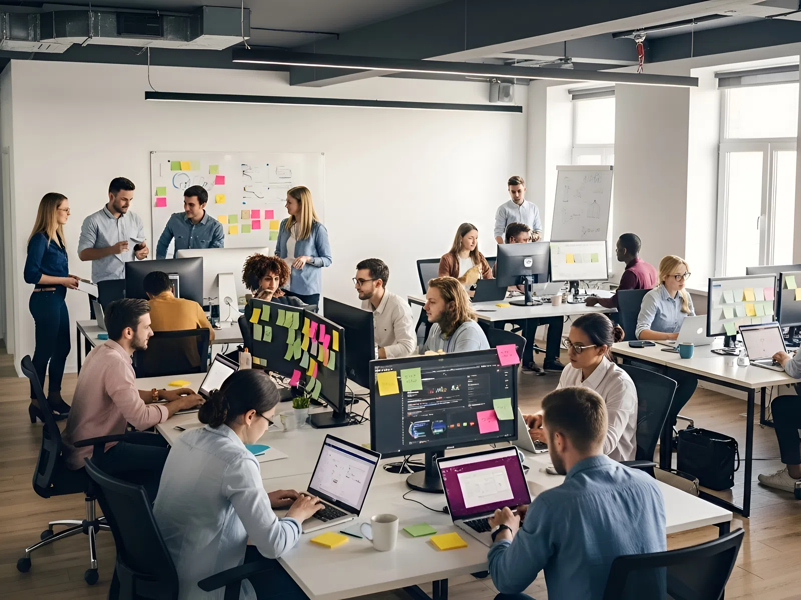 Modern office with diverse team collaborating at desks with computers and sticky notes during workday.