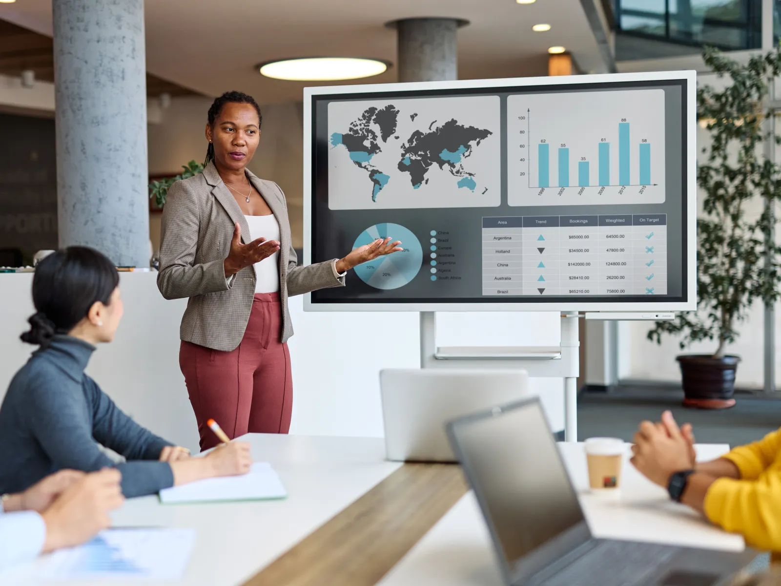 Businesswoman presenting data charts and world map on screen to colleagues in modern office meeting room