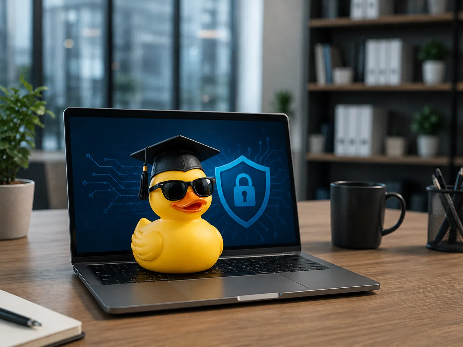 Yellow rubber duck with sunglasses and graduation cap on laptop keyboard showing cybersecurity shield lock icon.