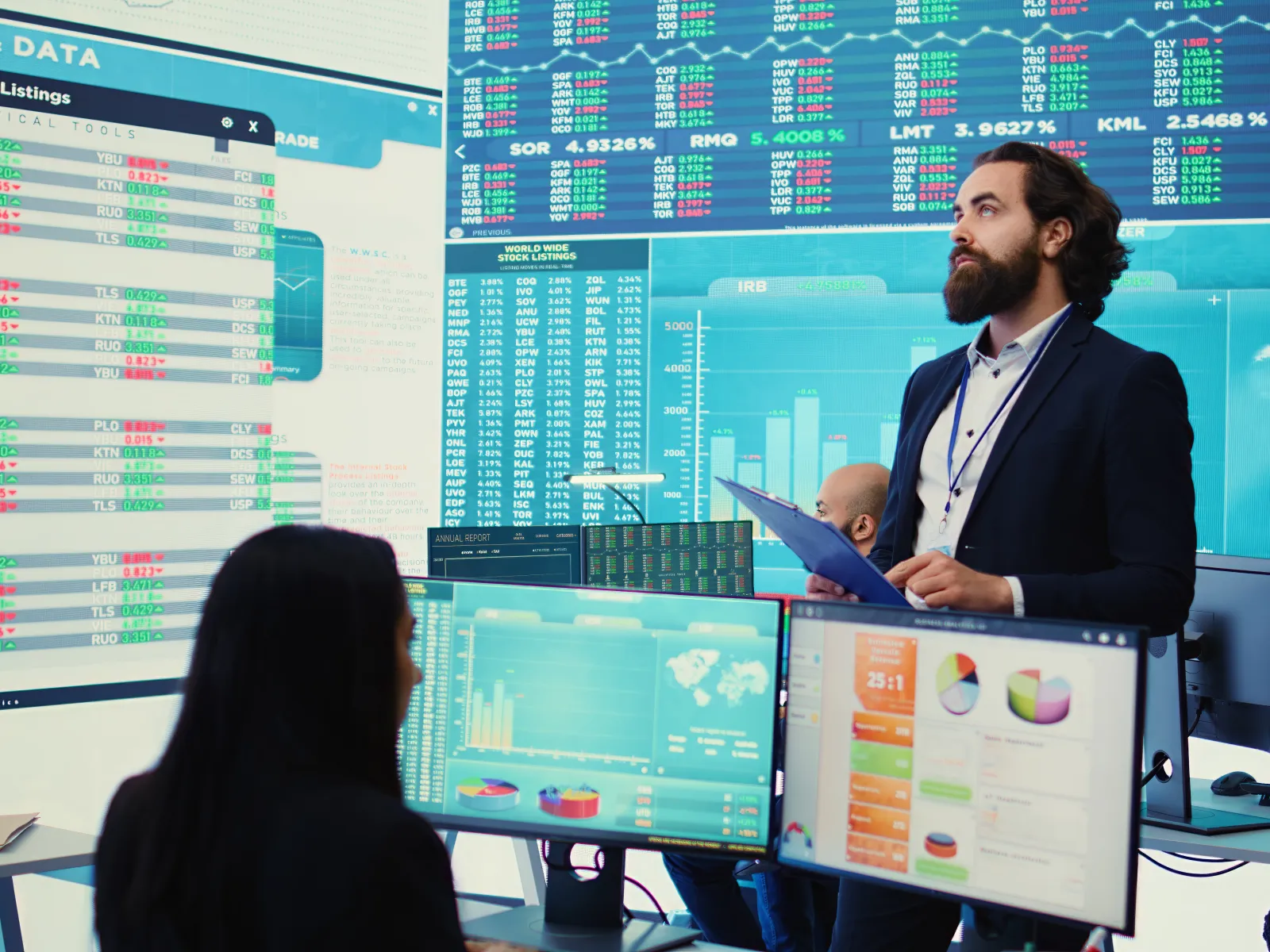 Business analysts reviewing financial data and stock market information on multiple screens in a modern office.