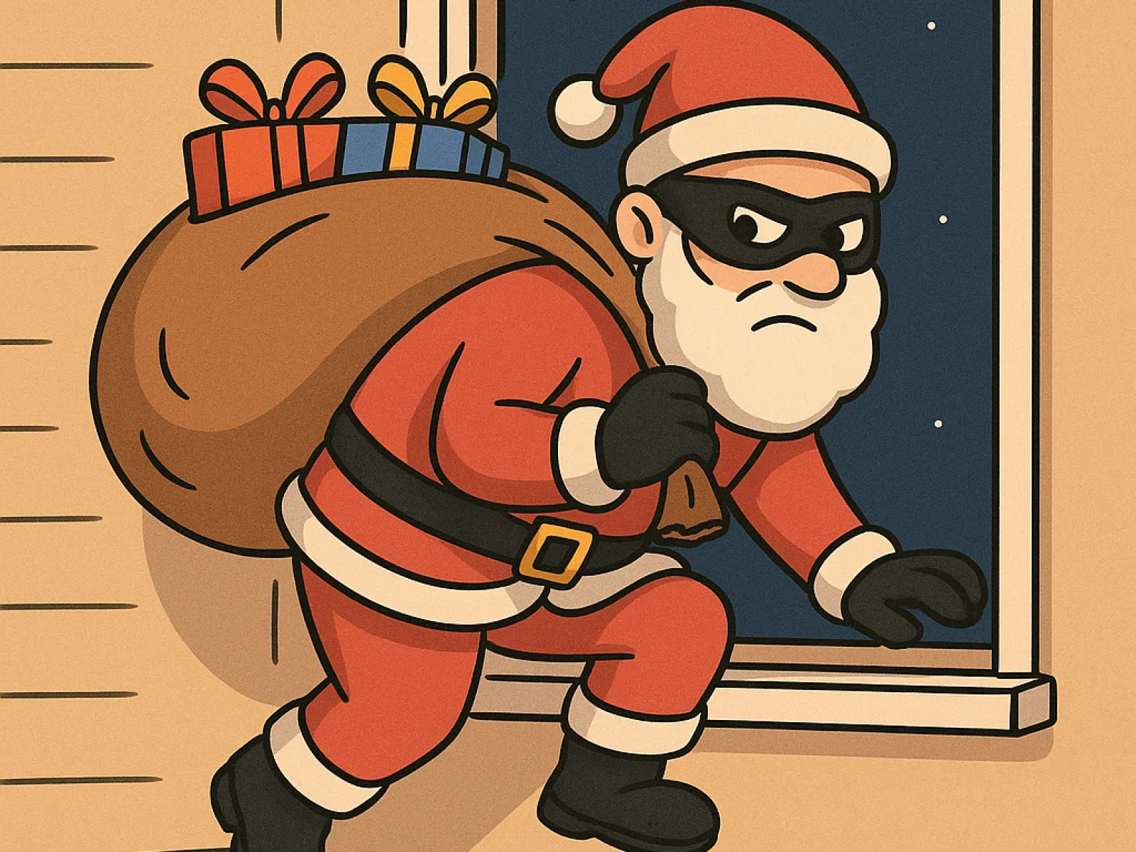 Cartoon Santa Claus with a sack of gifts sneaking out of a window wearing a black mask and gloves at night.