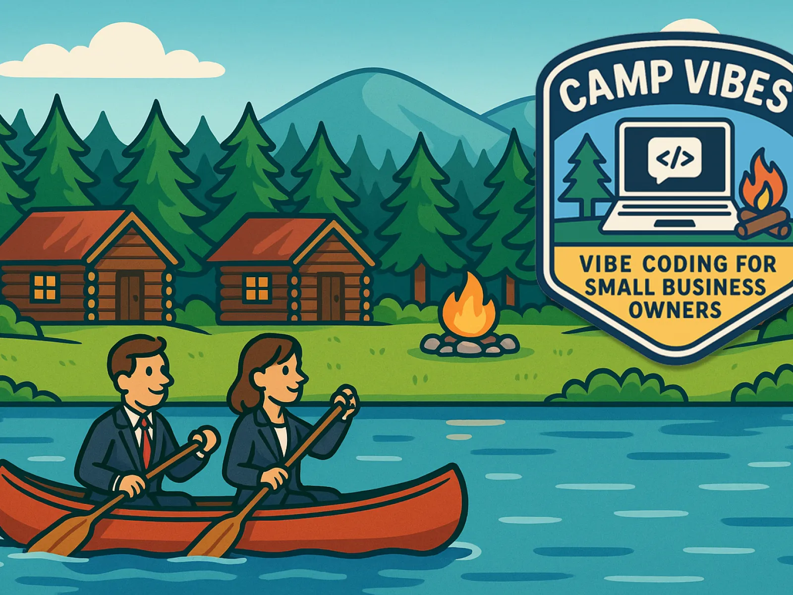 Businessman and businesswoman canoeing on a lake near cabins and campfire with Camp Vibes coding badge