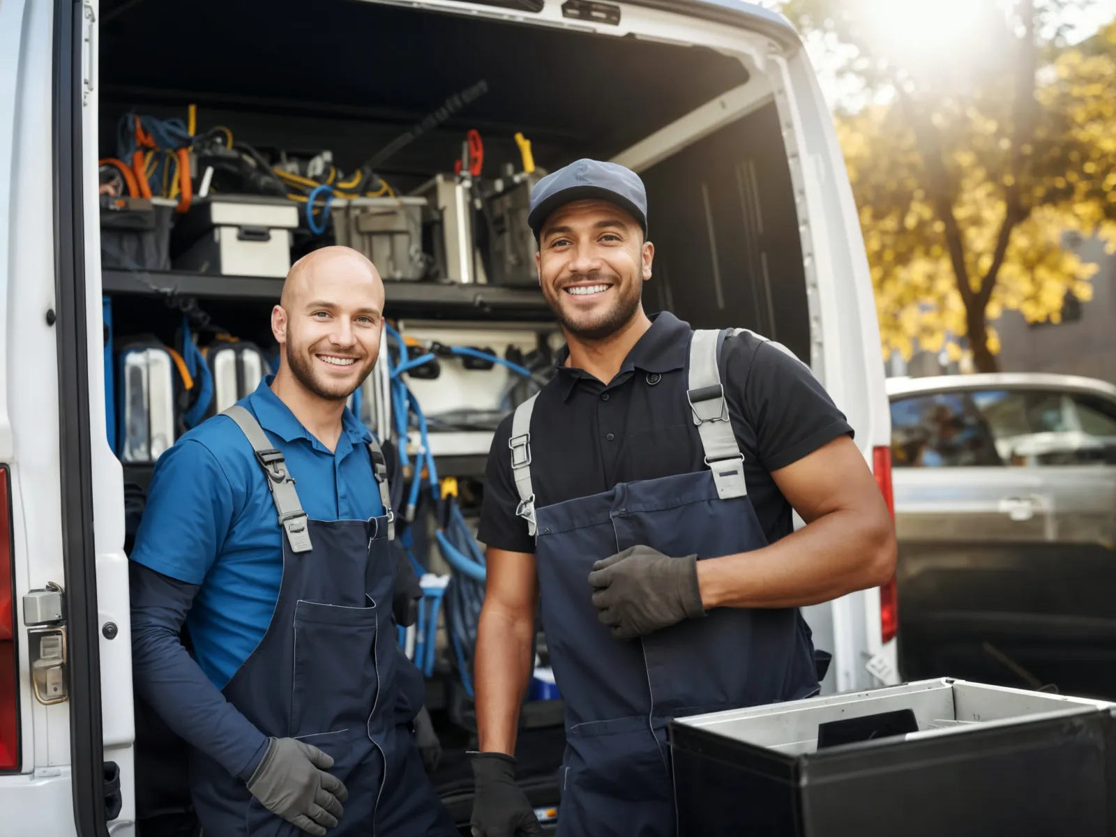 Two smiling male technicians in workwear standing by a van filled with tools and equipment outdoors.