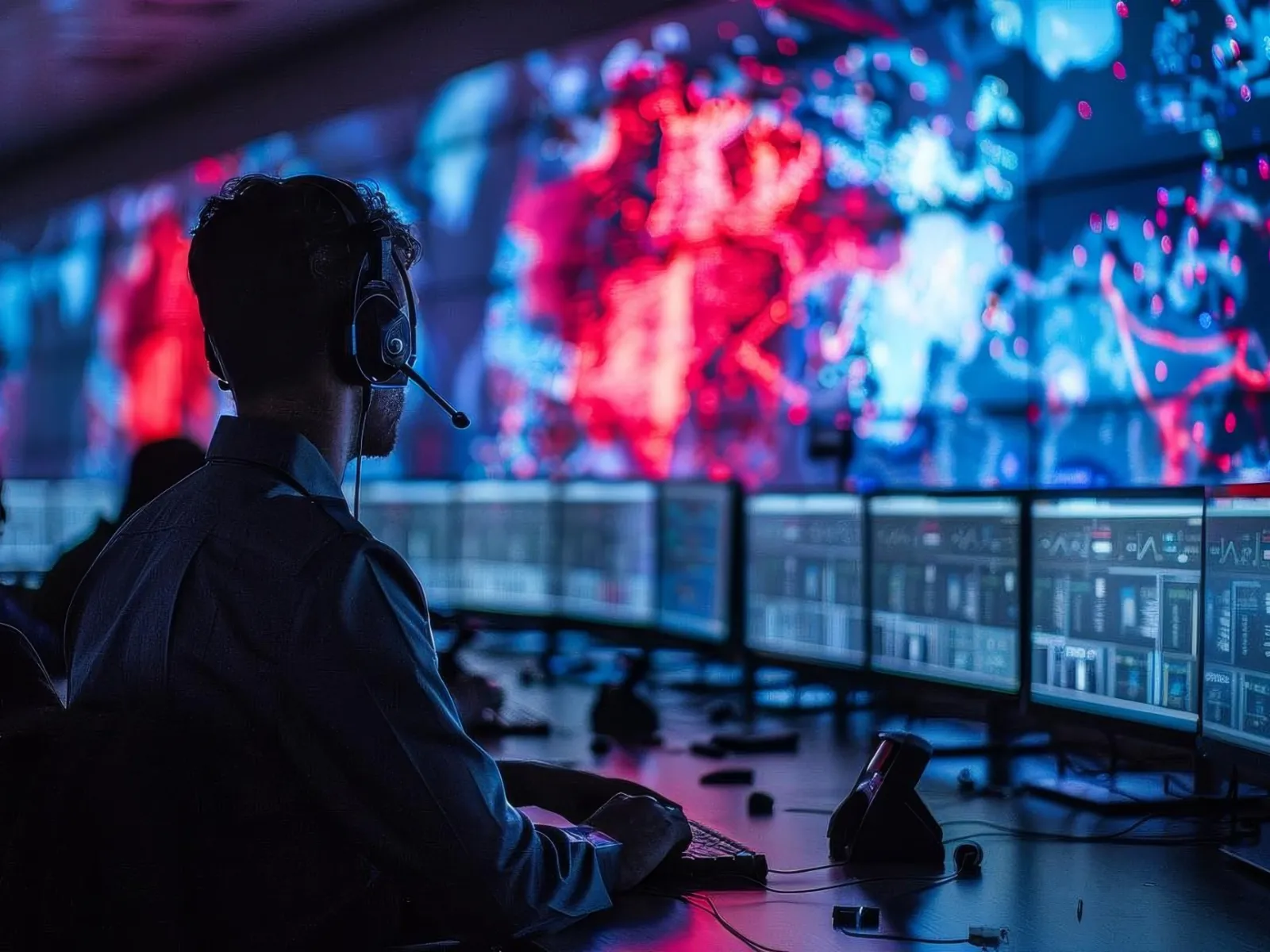 a man wearing headphones in front of a large screen