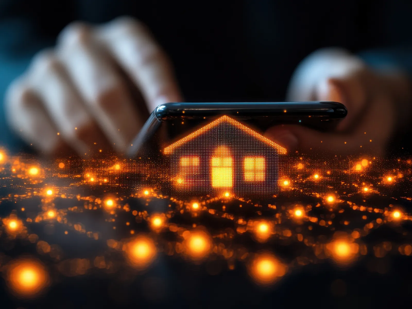 Digital smart home technology concept showing a glowing house icon above a smartphone with network connections.