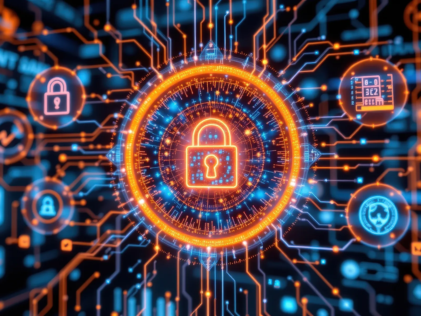Glowing digital padlock surrounded by circuit lines and icons representing cybersecurity and data protection.